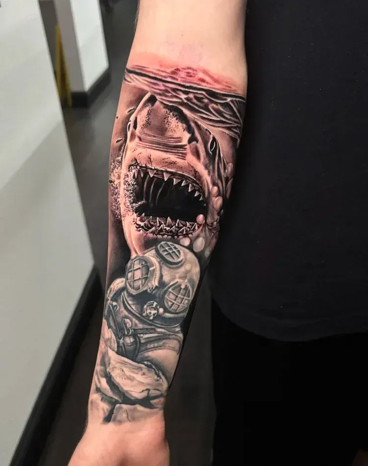 Great white shark and scuba diver — Logan Blackshire
