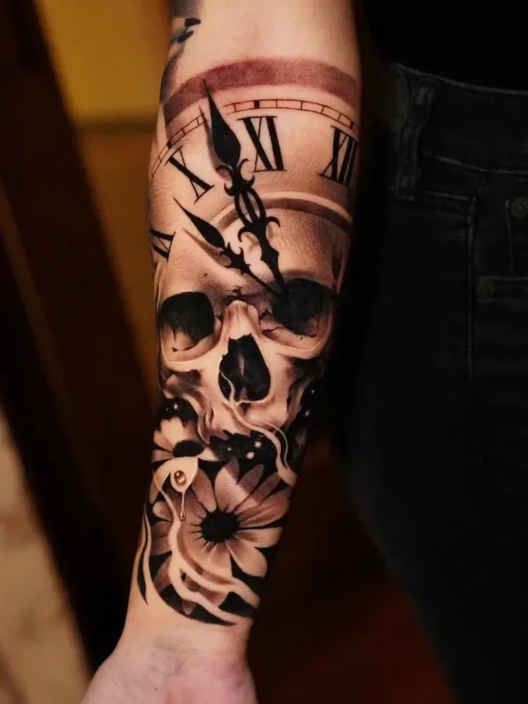 Skull, clock and flower sleeve — Jesse Missman